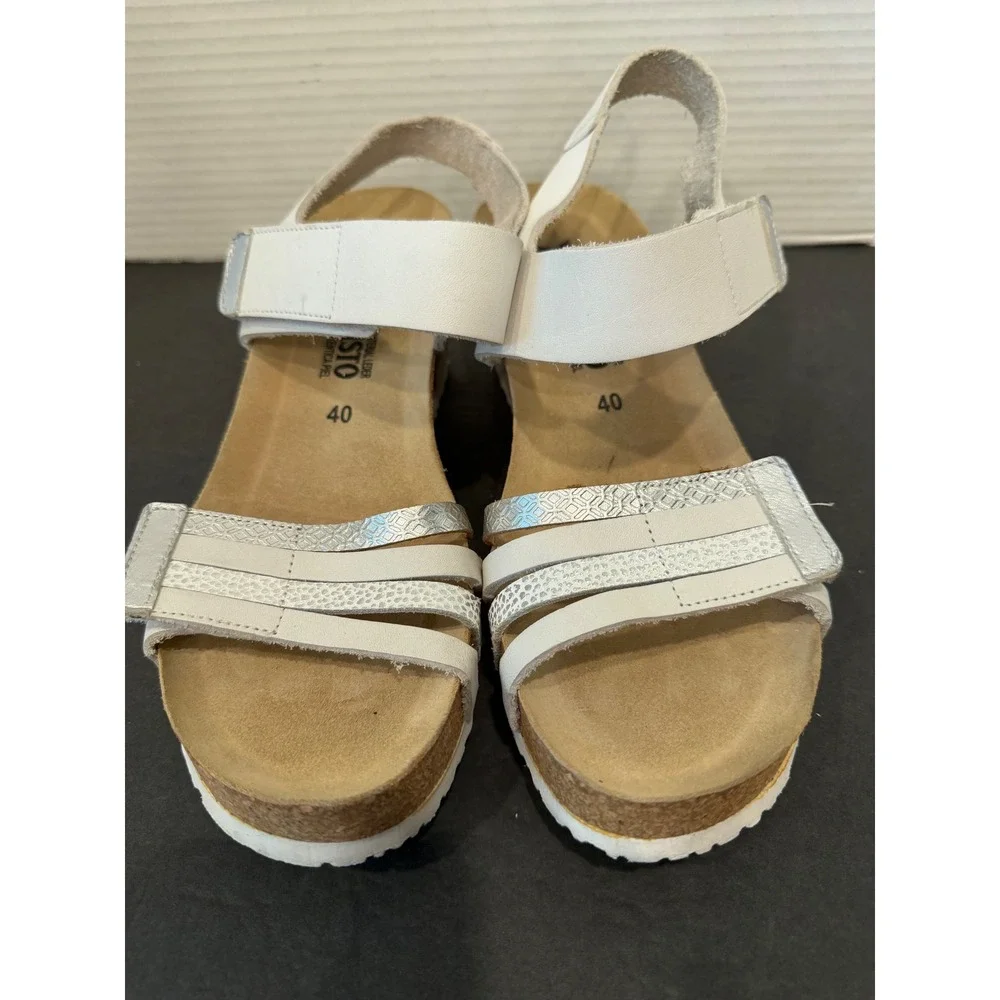 Mephisto Lucia White Silver Leather Cork Slingback Wedge Sandals Sz 9.5 EU 40